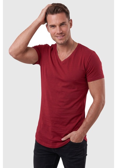 Deepsea Bordo Erkek Slim Fit Derin V Yaka Basic Tişört %90 Pamuk Likralı Asimetrik Kesim 2602265