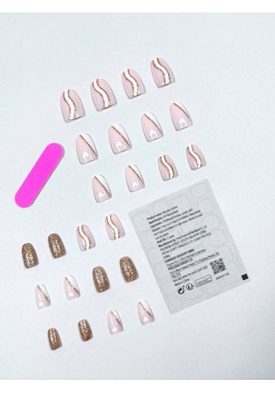 Pembe Gold Beyaz Desenli Badem Takma Tırnak Seti 24 Adet