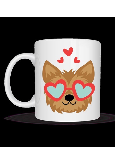 Sevimli Yorkshire Terrier Tasarımlı Porselen Kupa Model 49 Kalpli Gözlüklü Köpek Desenli,  K