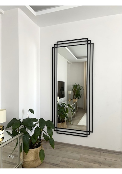 Effe Siyah Metal Çerçeveli 180x80 Cm Dekoratif Ayna 180x80cm-3-lü-siyah