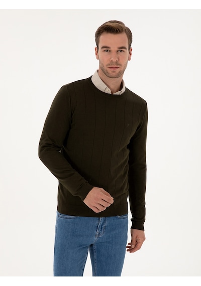Cacharel Haki Slim Fit Pamuk Karışımlı Bisiklet Yaka Triko Kazak Yesıl