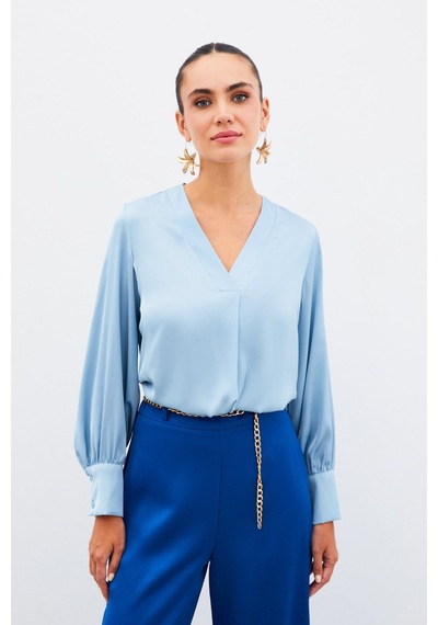 Sateen V Yaka Saten Bluz - Bebe Mavi-134904 Bebe Mavi