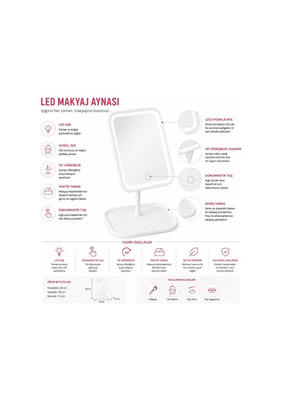 Lexroo Led Işıklı Makyaj Aynası Dokunmatik Kontrollü Masaüstü Ayna Ayarlanabilir Açılı Kozmetik Çok Renkli