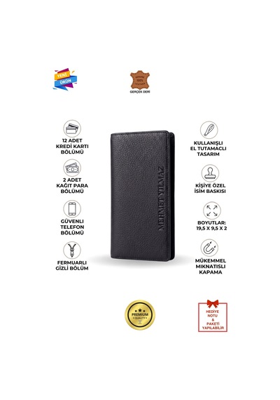 Vanilla Collection İsim Baskılı Hakiki Deri Portföy Telefon Bölmeli Unisex Cüzdan Siyah