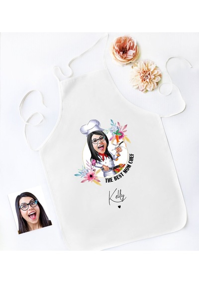 Bk Gift Kişiye Özel Karikatürlü Anneler Günü Tasarımlı Beyaz Mutfak Önlüğü, Aşçı Önlüğü, Şef Önlüğü, Anneye -6 Bej
