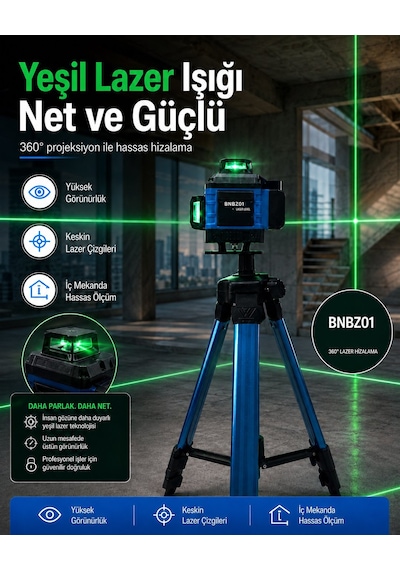 Bnb5 Bnbz01 Lazer Terazi Tripot Seti 360 Derece Yeşil Lazer Nivo Tripodlu Şarjlı Ölçüm Cihazı