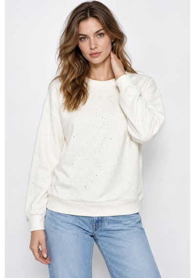 Mevese Yaldız Baskılı Zincirli Ve Fularlı Kadın Oversize Modal Sweatshirt- Beyaz