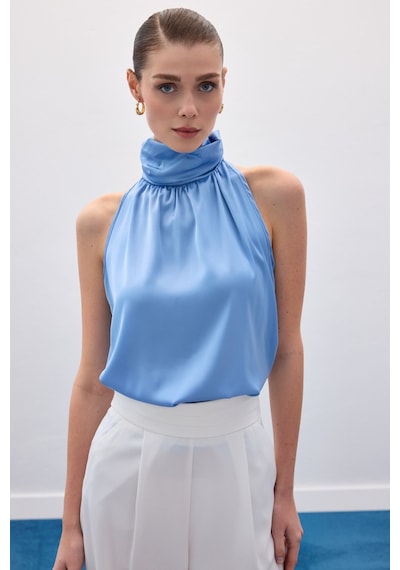Sateen Boğazlı Kolsuz Bluz - Mavi-136545 Mavi