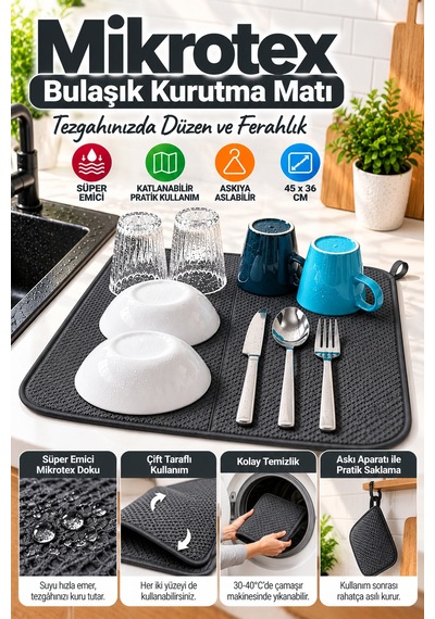 Antrasit Bez Mikrotex Bulaşık Kurutma Matı 45x36 Cm Süper Emici Katlanabilir Tezgah Üstü Kurutma Matı