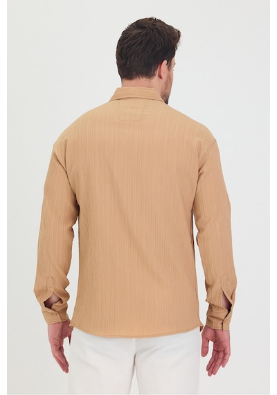 Cool Tarz Erkek Kendinden Çizgi Detaylı Slim Fit Dar Kalıp Uzun Kol Gömlek Krem Krem