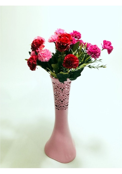 Uzun 40cm Pembe Desenli Kırmızı Mor Pembe Karanfilli Vazo