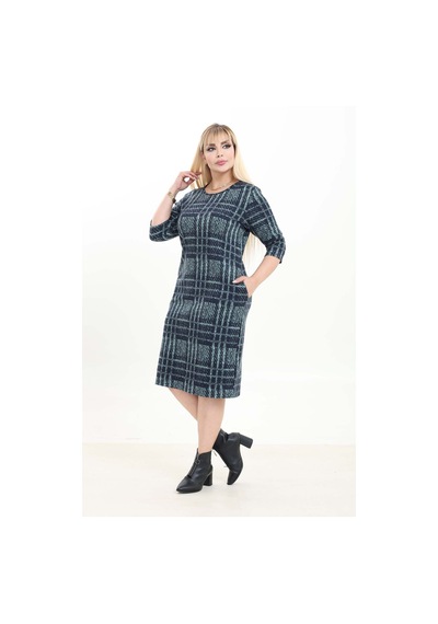 Çift Cepli Desenli Esnek Kışlık Büyük Beden Midi Elbise 37d-2744 Yeşil