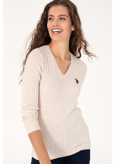 U.S. Polo Assn. Kadın Krem Melanj V Yaka Basic Kazak 50313625-VR159