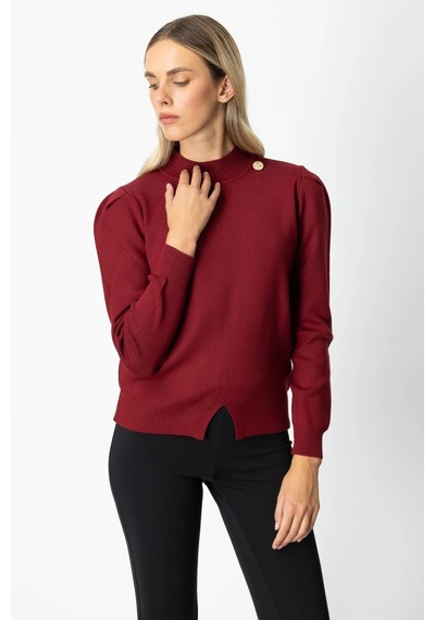 On Fashion Kadın Düğmeli Omuz Detaylı Bordo Kazak 65331 Bordo