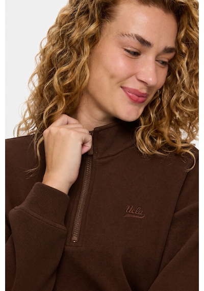 UCLA Ruelle Koyu Kahve Yarım Fermuarlı Nakışlı Pamuklu Loose Fit Kadın Pike Sweatshirt Koyu Kahverengi