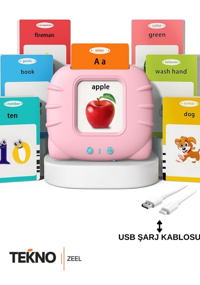 Teknozeel İngilizce Konuşan Sesli Flaş Kart Seti 112 Kart Okul Öncesi Öğrenme Eğitici Oyuncak Pembe Renk