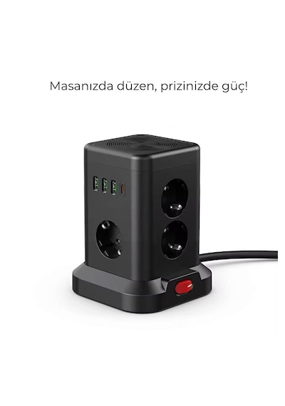 7 Li Kule Tipi Çoklu Priz 3 Usb-a + 1 Type-c Akım Korumalı Tek Tuş Kontrol Kompakt Masaüstü Tasarım 2 m