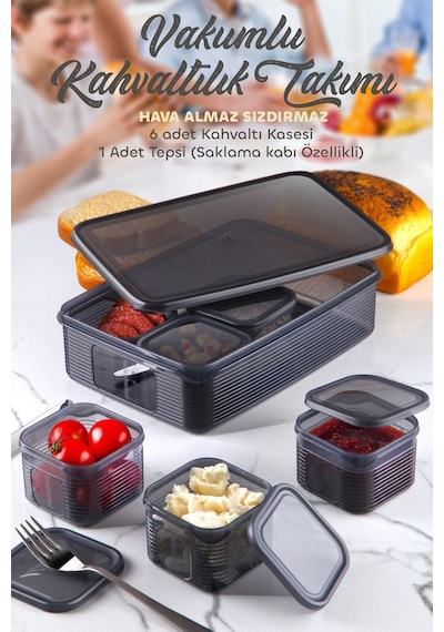 Kitchen Life 7 Parça Vakum Kapaklı Sızdırmaz Hava Almaz Kahvaltılık Seti Siyah