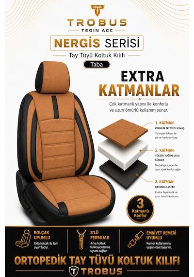 Hyundai Elantra 2011 Sonrası Uyumlu Nergis Serisi Taba Siyah Ortopedik Tay Tüyü Koltuk Kılıfı