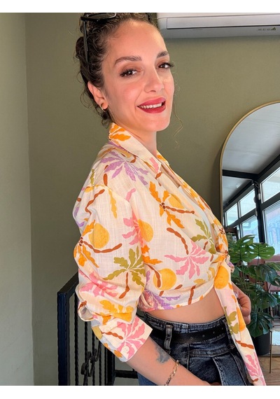 Ali Butik Desenli Önü Açık Crop Keten Gömlek