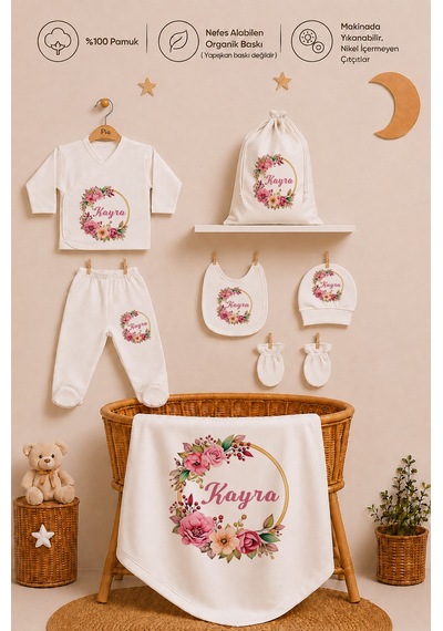 Pia Baby Kız Bebek İsimli Hastane Çıkışı 8 Parça Zıbın Seti %100 Pamuk Battaniye Yastık Kılıfı Keseli 1072zybk3x Krem