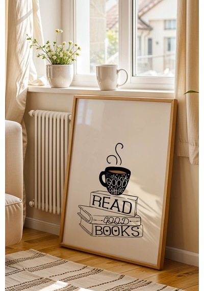 Retro Coffee And Books Tasarım Çerçeveli Tablo - Sanatsal Mutfak Ve Çalışma Odası Duvar Dekoru Kayın