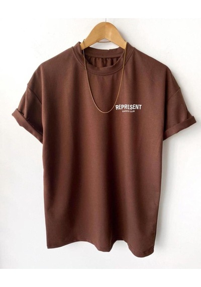 Flood Of Style Erkek Kahvrengi Represent Baskılı Bisiklet Yaka Oversize Tshirt Kahverengi