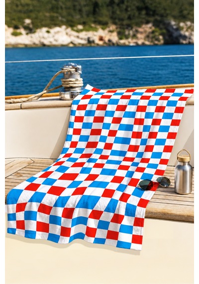 Kareli Pötikare Modern Plaj Havlusu-kırmızı Mavi Geometrik Minimalist Hızlı Kuruyan Mikrofiber Havlu Çok Renkli