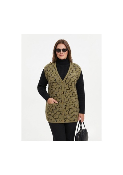 Onno Style Women Kalp Desenli Düğmeli Klasik Çelik Örgü Triko Yelek Bej