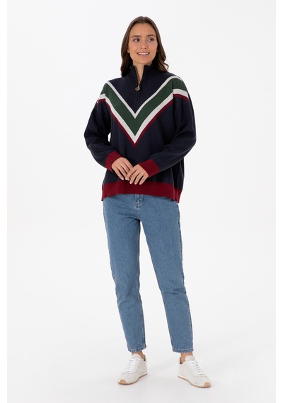 U.S. Polo Assn. Kadın Lacivert V Yaka Fermuarlı Kazak 50309614-VR033
