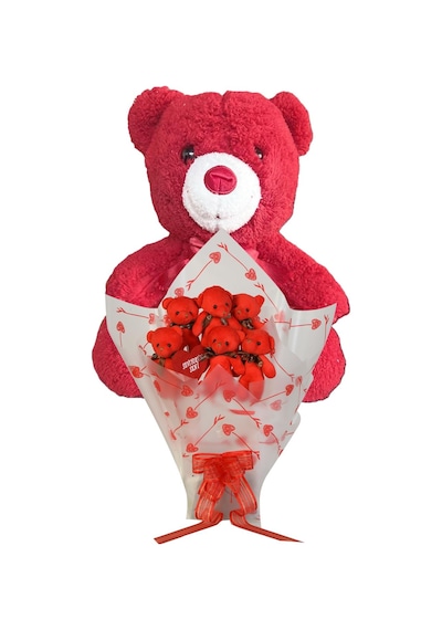 Sevimli 35 Cm Peluş Ayı İle Premium Yumoş Kırmızı Peluş Ayıcık Buketi