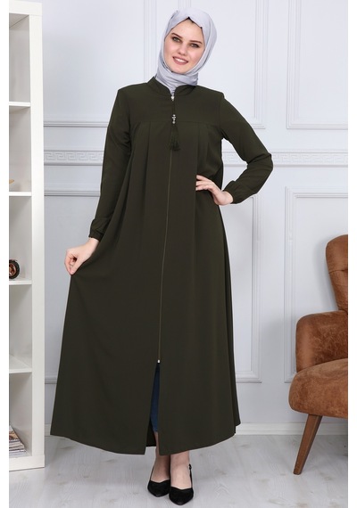 İbrahim Burak Etiler Collection Medine İpeği Tesettür Pile Detaylı Ferace Ms-0165 Haki