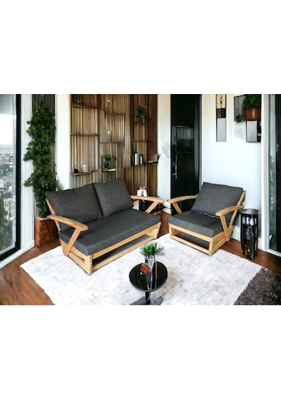 Monza Bahçe Balkon Masif Kestane Ahşap Kollu Koltuk- 2+1 Antrasit