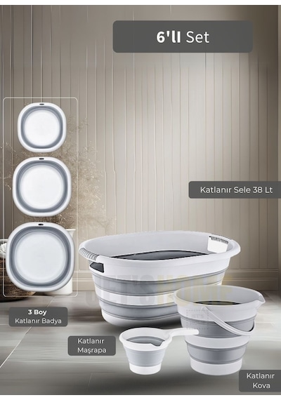 Jet's Home 6'lı Banyo Seti Katlanır Sele Katlanır Badya Katlanır Kova Katlanır Maşrapa Bpa Free Beyaz - Gri