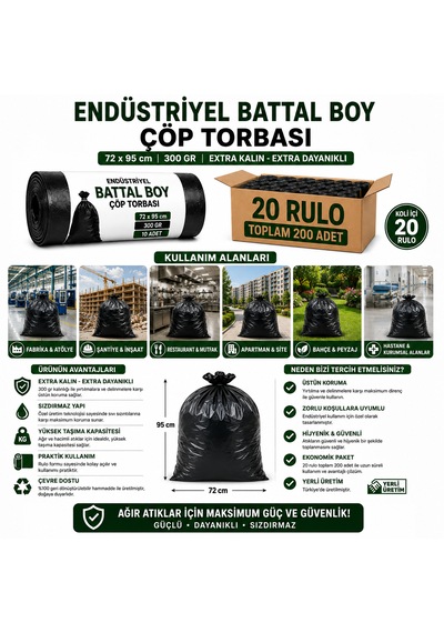 Endüstriyel Battal Boy Çöp Torbası 72x95 Cm 300 Gr - 20 Rulo X 10 Adet Toplam 200 Adet Kalın Ve Dayanıklı Siyah Çöp Poşeti