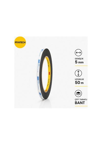3m Scotch Çift Taraflı Bant 5mm X 50 Metre Güçlü Yapıştırıcı Siyah Akrilik Bant