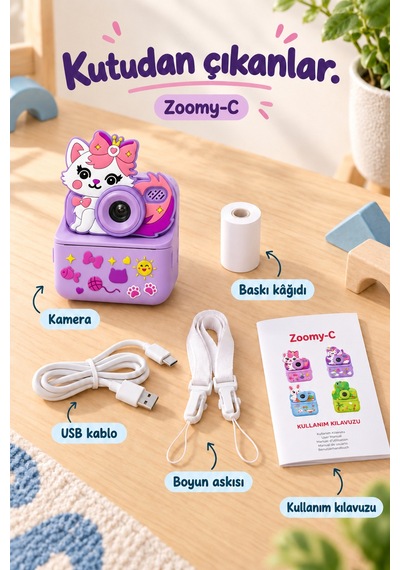 Kj/zm-001 Zoomy-c Kedi Figürlü Anında Baskılı Çocuk Fotoğraf Makinesi, Çift Kamera, 2,4 İnç Ekran, 1080p Video, 3+ Yaş Mor