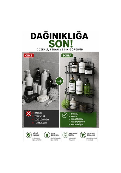 Sas Haus Yapışkanlı Banyo Rafı Siyah Delmeden Montaj Duş Şampuanlık, Paslanmaz Metal, Siyah Organizer Diğer