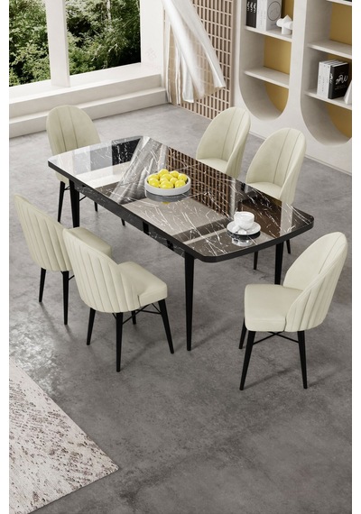 Canisa Gale Serisi 80x132 Açılabilir Lak Panel Siyah Mermer Desen Mutfak Masa Takımı 6 Krem Sandalye Masa Siyah Mermer Desen Sandalye Krem Canisa Gale Serisi 80x132 Açılabilir Lak Panel Siyah Mermer Desen Mutfak Masa Takımı 6 Krem Sandalye Masa Siyah Mermer Desen Sandalye Krem