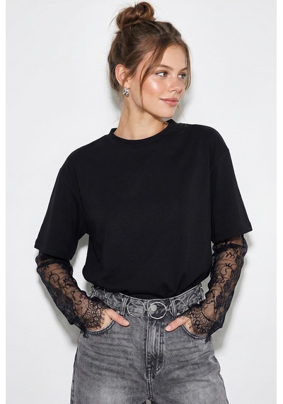 Shade Kadın Bisiklet Yaka Dantel Kollu Oversize Pamuklu T-shirt 1049 60286075 - Siyah