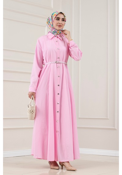 Sevitli Gömlek Yaka Kemerli Berra Elbise-pembe-5884