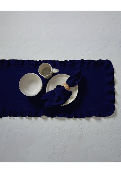Rufle Fırfırlı Keten Runner 40 X 110 Cm Lacivert Çok Renkli