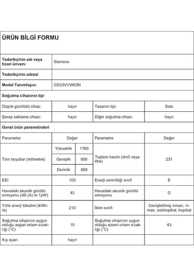 Siemens GS33VVWE0N 242 LT 7 Çekmeceli Dikey Derin Dondurucu