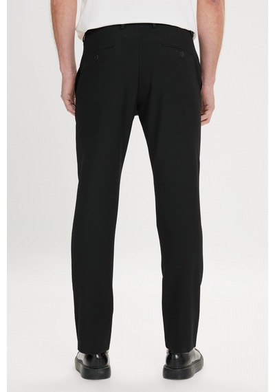 AC&Co / Altınyıldız Classics Erkek Sıyah Slim Fit Dar Kesim Beli Bağlamalı Yan Cep Gofre Desenli Pantolon Siyah