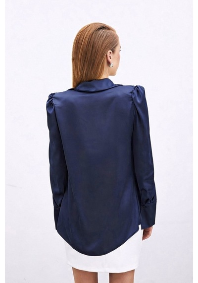 Sateen Vatkalı Saten Gömlek - Lacivert-136729 Lacivert