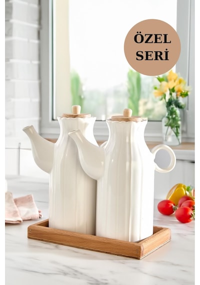 3'lü Standlı Yağdanlık Seti Sirkelik Zeytin Yağlığı 1 Lt Beyaz