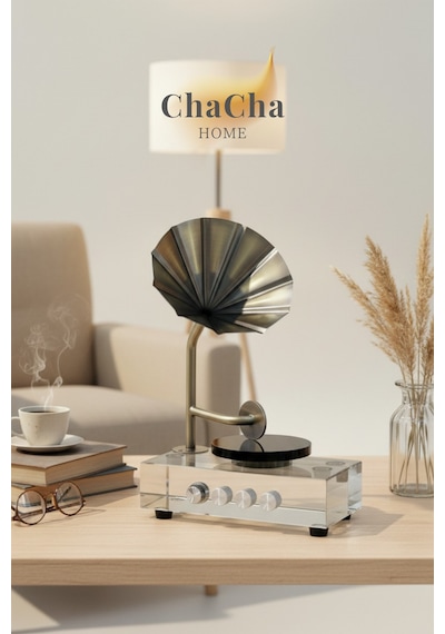 Kristal Cam Nostaljik Gramofon Obje 29x20 Cm - Metal Borulu Lüks Ofis Masası Aksesuarı Biblo 29 X 20 Cm