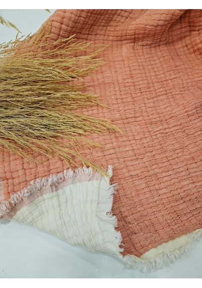 Mercan Renk 7 Katlı Çift Taraflı Dolgulu Çift Kişilik Müslin Battaniye %100 Pamuk 230x240 Cm