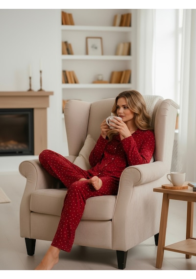 Süet Gömlek Pijama Takımı 7001 Puantiyeli Bordo