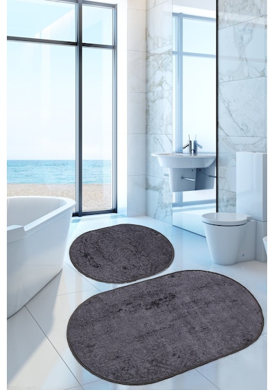 Nova Antrasit Oval 60x100 + 50x60 Cm 2'li Banyo Paspası Seti Kaymaz Antrasit